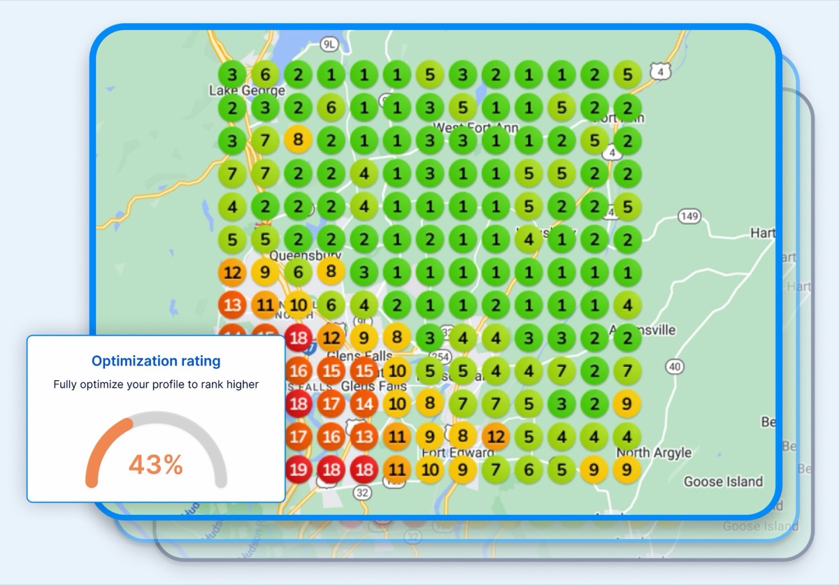 Example local ranking map. Each circle is a spot in the service area showing where the business ranks on Google Maps. Green circles rank in the top 3, while orange and red circles rank 10th to 19th.